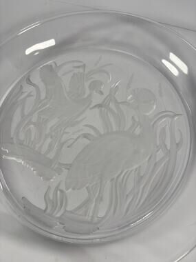 Vintage Lalique Neiman Marcus 1985 Crane Birds Crystal Platter Frosted 12.5 Inch